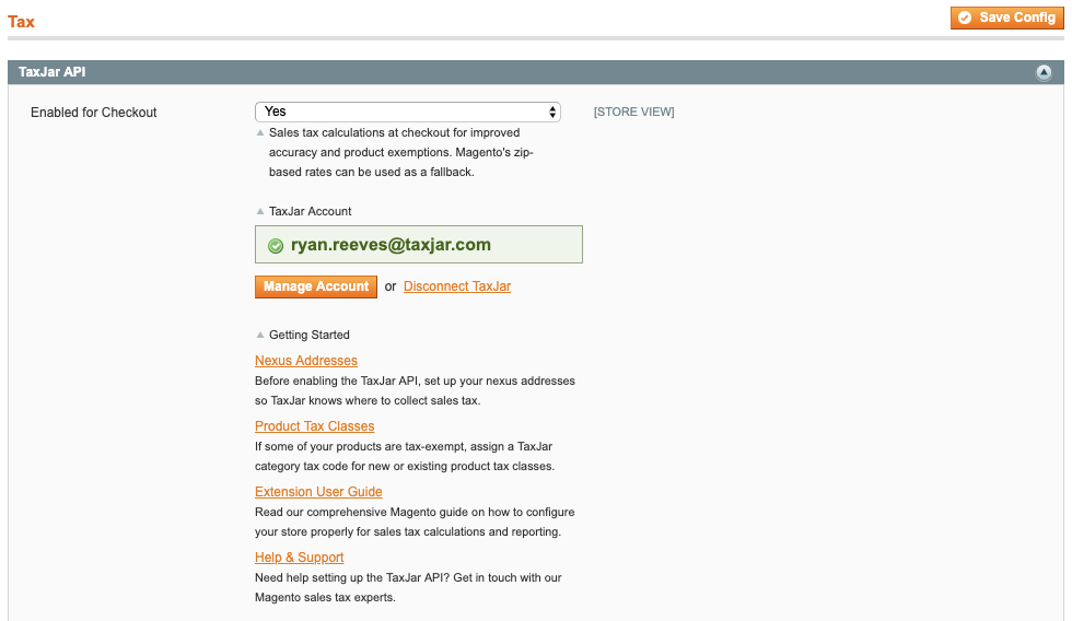 TaxJar Configuration After Connection