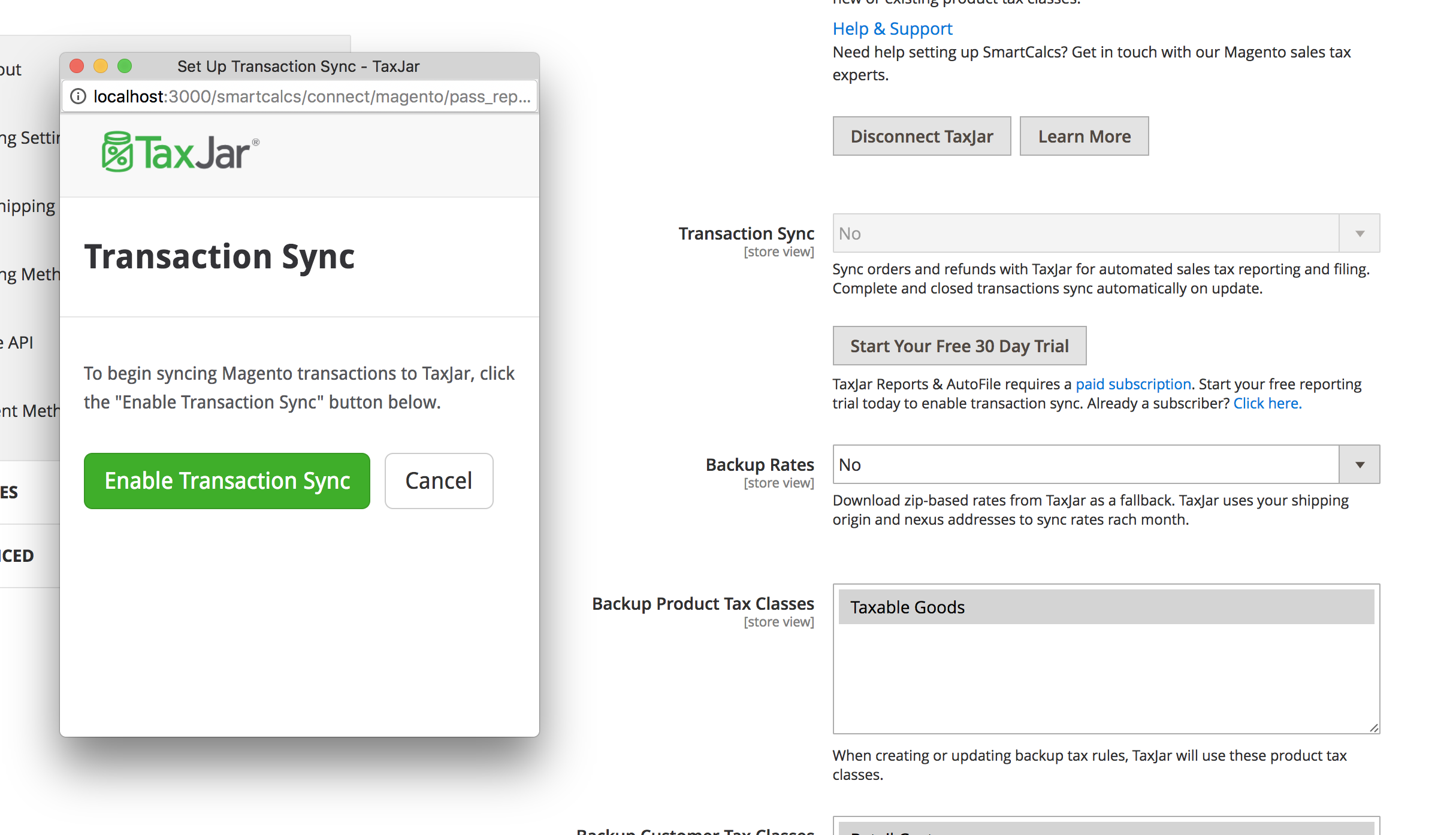 Magento TaxJar Transaction Sync Popup